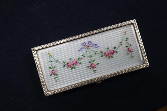 An Edwardian silver and enamel triple compartment stamp box, import marks for London, 1907, 8cm.